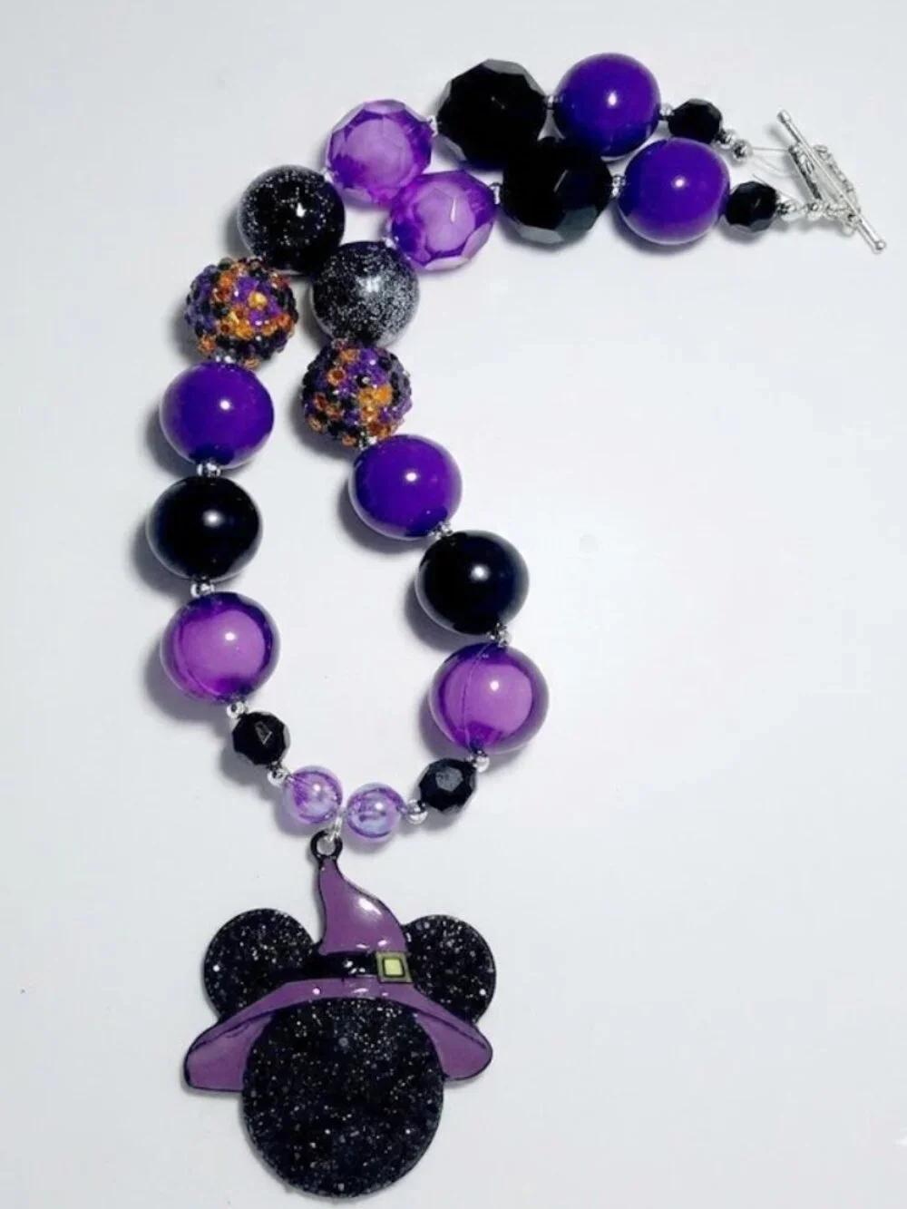 Rhinestone Mickey / Minnie Mouse pendant halloween chunky bead necklace